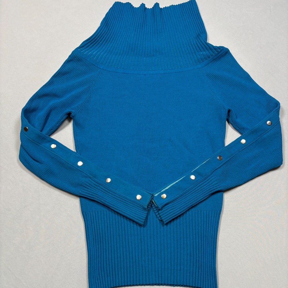 Cache Sweater Womens Large Blue Ribbed Cowl Neck Snap Button Long Sleeve Ribbed - Picture 6 of 9